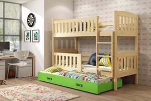 Etagenbett für drei Personen Jakob, 90x200, mit Schublade, Kiefer/grün