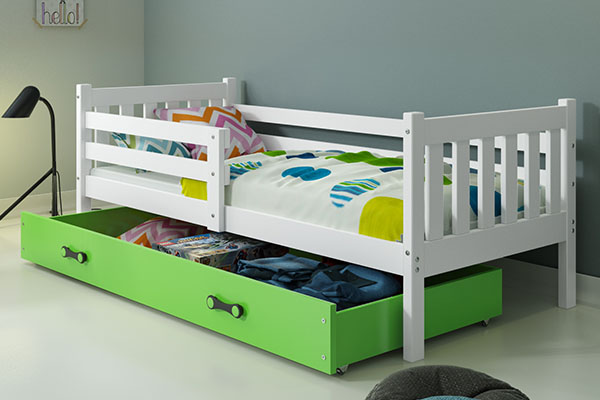 Jugendbett Lieb, 90x200, mit Matratze und Schublade, weiß/grün