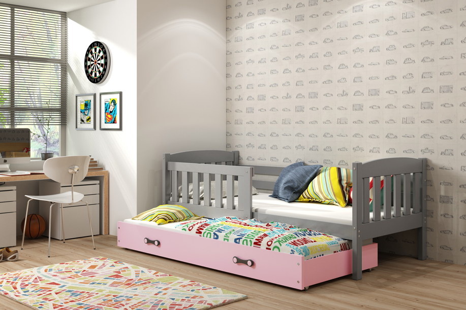 Ausziehbett für Jugendliche Jakob, 90x200, mit Matratze und Schublade, grau/rosa