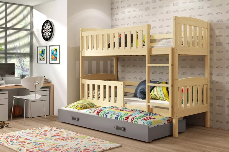 Etagenbett für drei Personen Jakob, 90x190, mit Schublade, Kiefer/grau