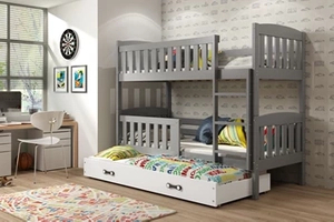 Etagenbett für drei Personen Jakob, 90x190, mit Matratze und Schublade, grau/weiß