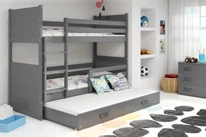 Etagenbett für drei Personen Richard, 90x200, mit Matratze und Schublade, grau
