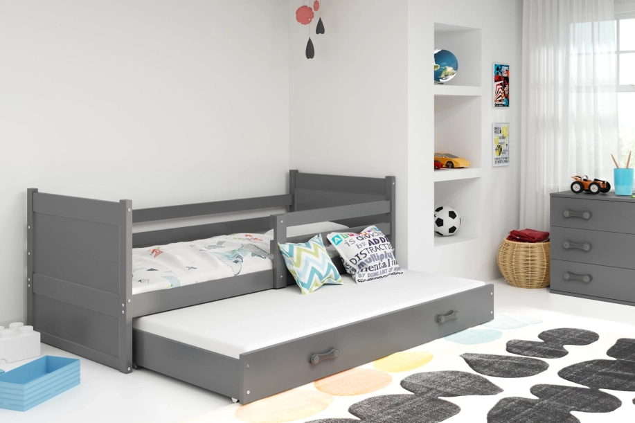 Ausziehbett für Jugendliche Richard, 90x200, mit Matratze und Schublade, grau