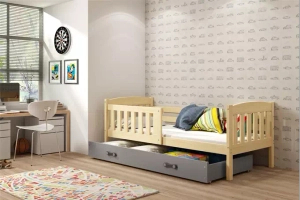 Jugendbett Jakob, 90x190, mit Matratze und Schublade, Kiefer/grau
