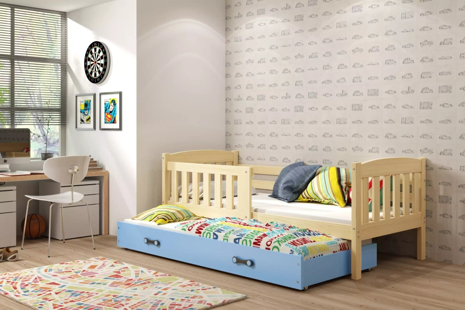 Ausziehbett für Jugendliche Jakob, 90x200, mit Matratze und Schublade, Kiefer/blau