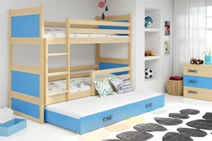 Etagenbett für drei Personen Richard, 90x200, mit Matratze und Schublade, Kiefer/blau