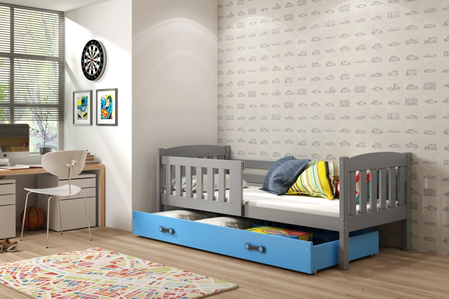 Kinderbett Jakob, 80x160, mit Schublade, grau/blau