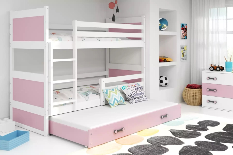 Etagenbett für drei Personen Richard, 90x190, mit Matratze und Schublade, weiß/rosa