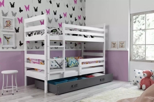 Stockbett für Jugendliche Erik, 90x200, mit Matratze und Schublade, weiß/grau