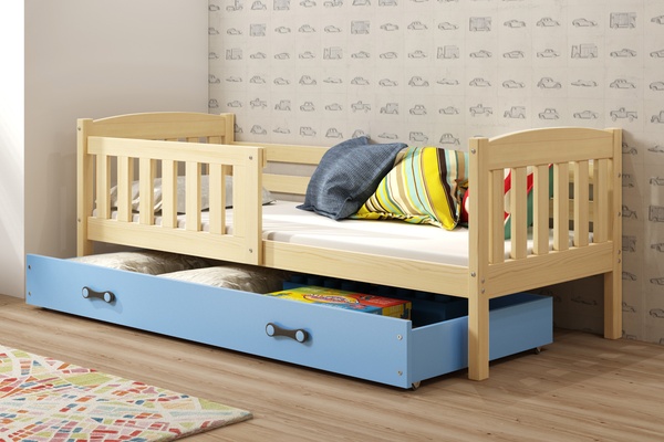 Kinderbett Jakob, 80x160, mit Schublade, Kiefer/blau