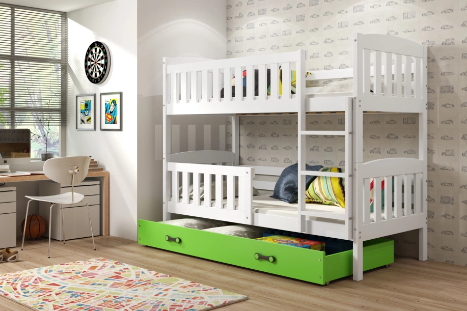 Stockbett für Jugendliche Jakob, 90x190, mit Matratze und Schublade, weiß/grün