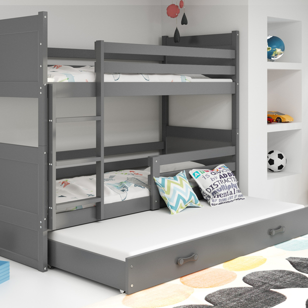 Etagenbett für drei Personen Richard, 90x200, mit Matratze und Schublade, grau