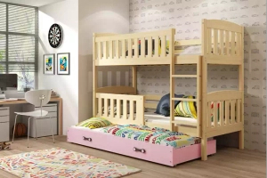 Etagenbett für drei Personen Jakob, 90x190, mit Matratze und Schublade, Kiefer/rosa