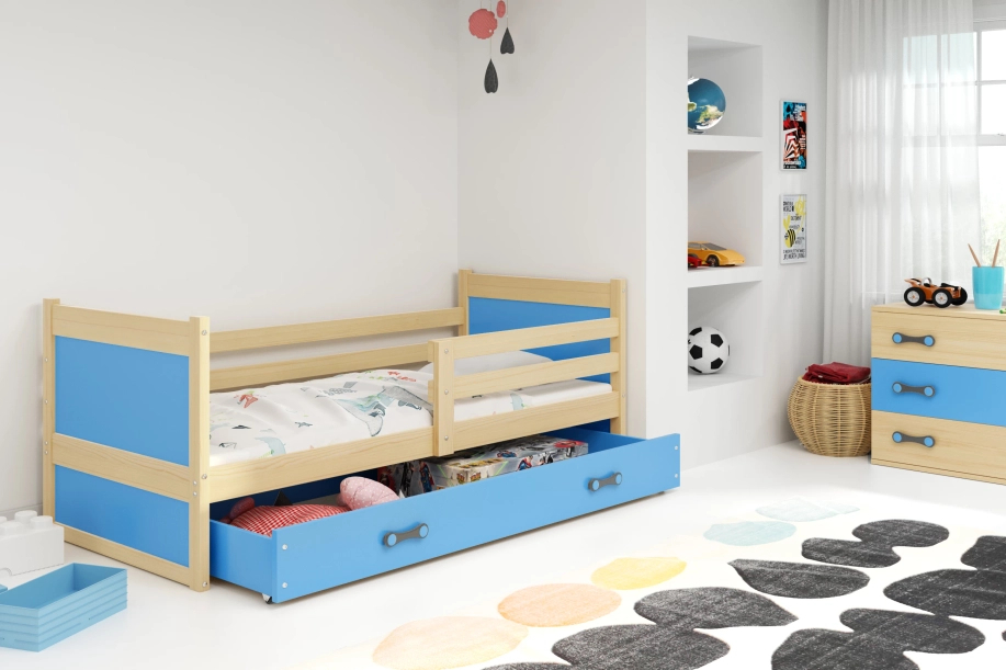 Jugendbett Richard, 80x190, mit Matratze und Schublade, Kiefer/blau