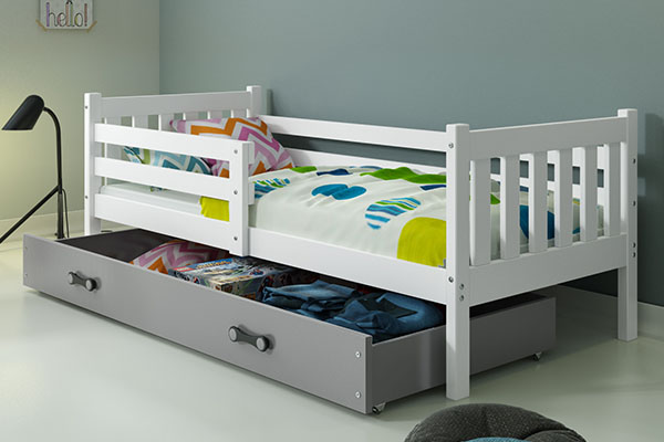 Jugendbett Lieb, 90x200, mit Matratze und Schublade, weiß/grau