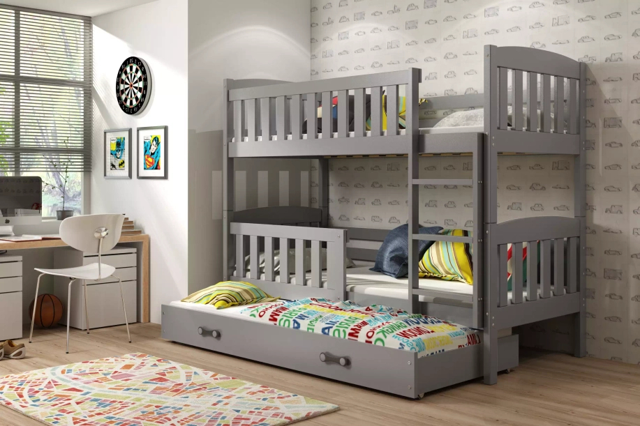 Etagenbett für drei Personen Jakob, 90x190, mit Schublade, grau
