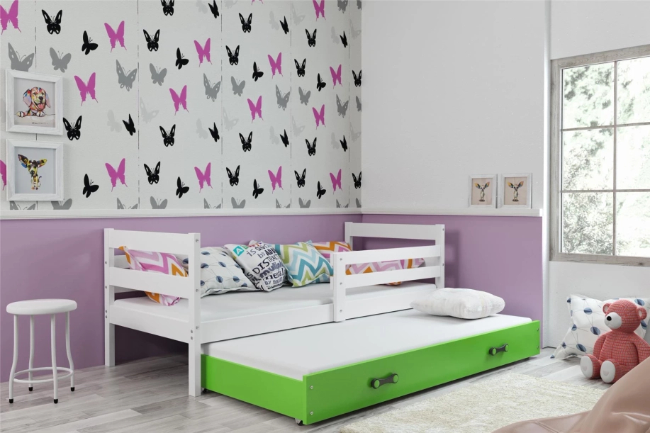 Ausziehbett für Jugendliche Erik, 90x190, mit Matratze und Schublade, weiß/grün