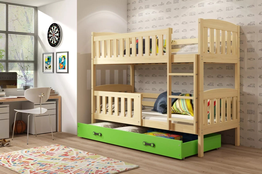 Stockbett für Jugendliche Jakob, 90x200, mit Schublade, Kiefer/grün