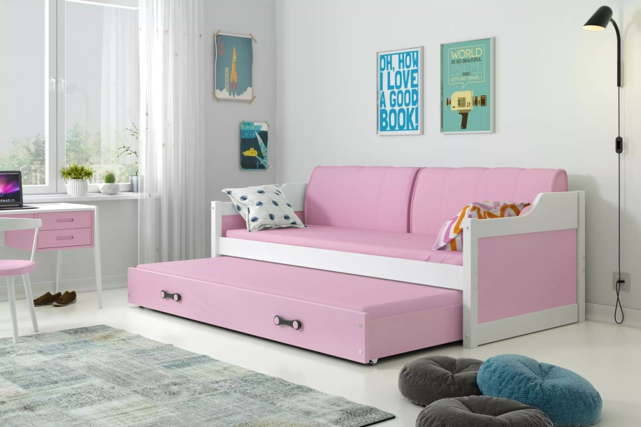 Ausziehbett für Jugendliche David, 90x200, mit Matratze und Schublade, weiß/rosa