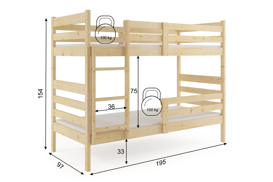 Stockbett für Jugendliche Erik, 90x190, mit Matratze, naturholz