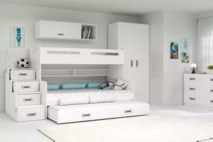 Etagenbett für drei Personen Max 3, 120x200, mit Matratze und Schublade, weiß