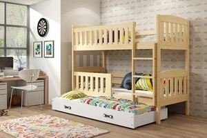 Etagenbett für drei Personen Jakob, 90x200, mit Matratze und Schublade, Kiefer/weiß
