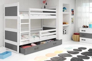 Stockbett für Jugendliche Richard, 90x200, mit Matratze und Schublade, weiß/grau