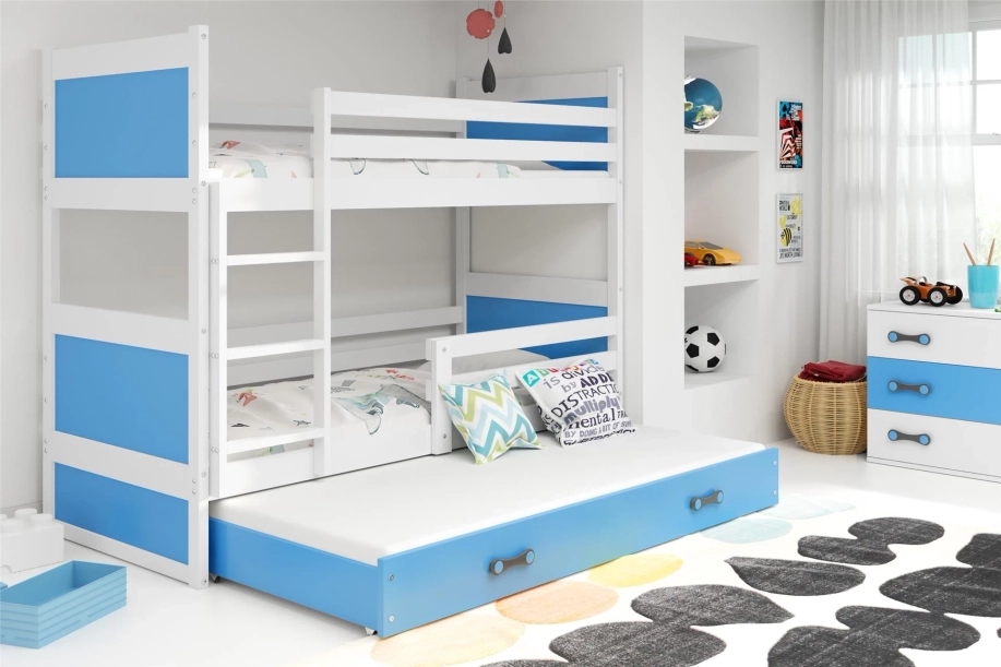 Etagenbett für drei Personen Richard, 90x190, mit Matratze und Schublade, weiß/blau