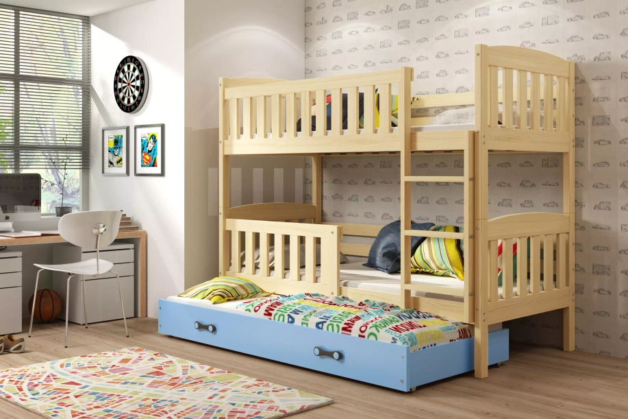 Etagenbett für drei Personen Jakob, 90x200, mit Schublade, Kiefer/blau