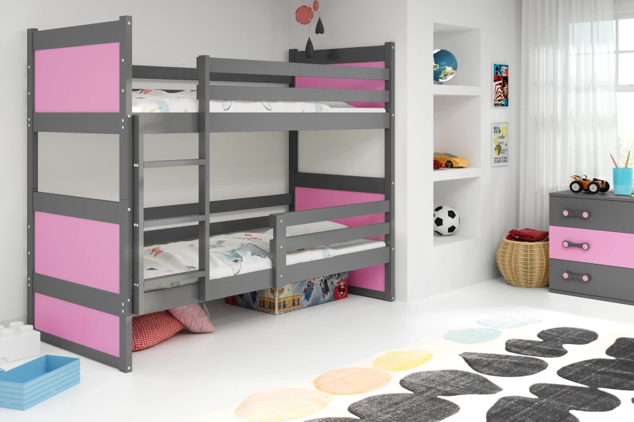 Stockbett für Jugendliche Richard, 90x200, mit Matratze, grau/rosa