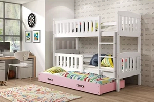 Etagenbett für drei Personen Jakob, 90x190, mit Matratze und Schublade, weiß/rosa