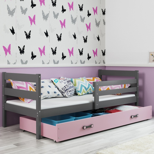 Jugendbett Erik, 90x190, mit Matratze und Schublade, grau/rosa