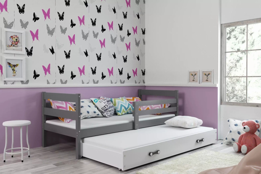 Ausziehbett für Jugendliche Erik, 80x190, mit Schublade, grau/weiß