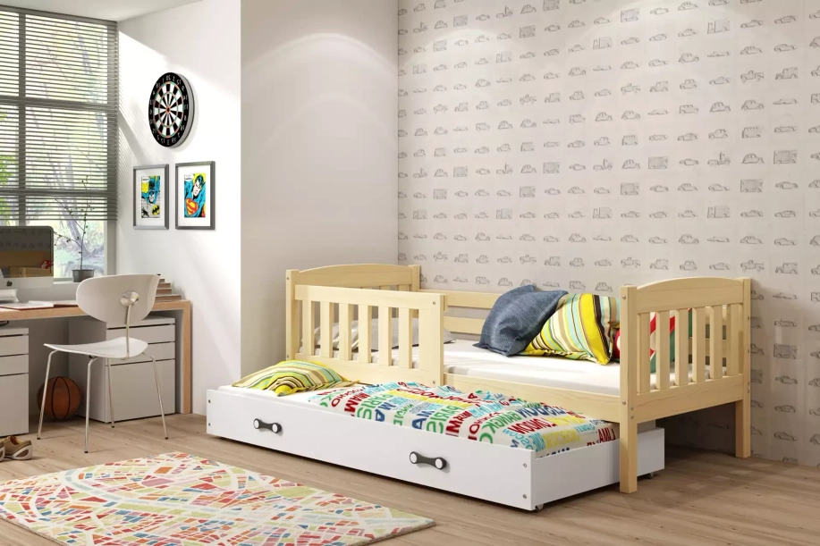 Ausziehbett für Jugendliche Jakob, 90x190, mit Matratze und Schublade, Kiefer/weiß
