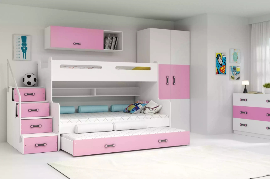 Etagenbett für drei Personen Max 3, 120x200, mit Schublade, rosa