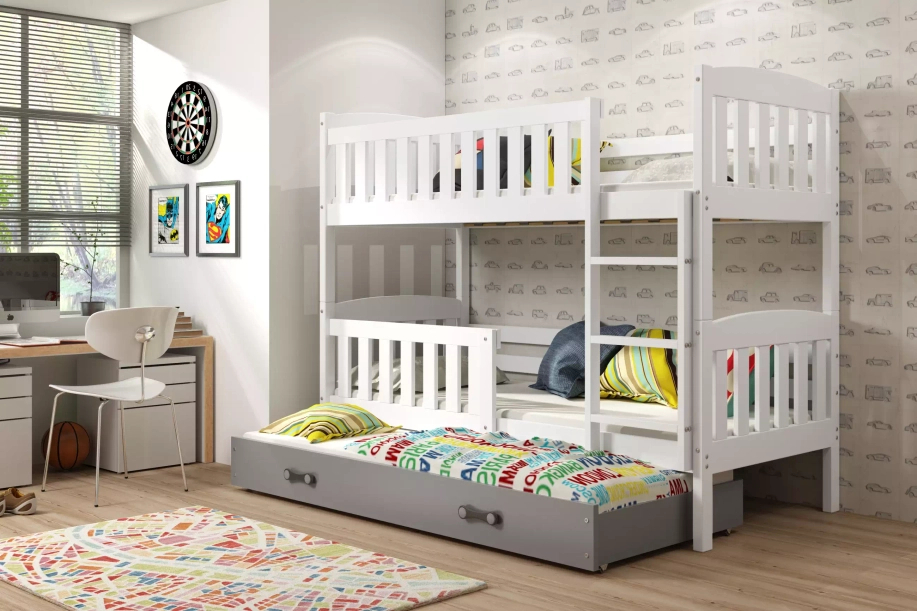 Etagenbett für drei Personen Jakob, 90x190, mit Schublade, weiß/grau