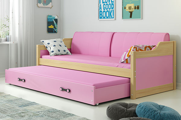 Ausziehbett für Jugendliche David, 90x200, mit Matratze und Schublade, Kiefer/rosa