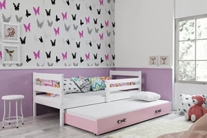 Ausziehbett für Jugendliche Erik, 80x190, mit Matratze und Schublade, weiß/rosa