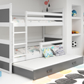 Etagenbett für drei Personen Richard, 90x200, mit Matratze und Schublade, weiß/grau