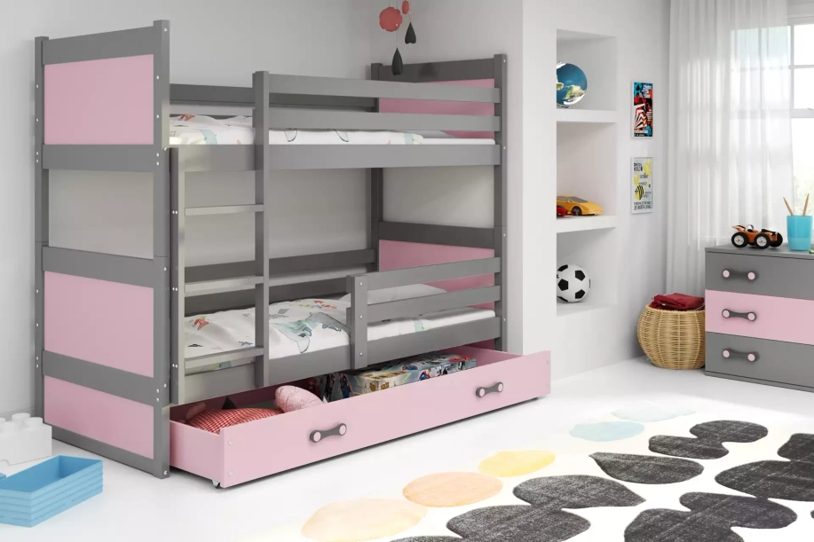 Stockbett für Jugendliche Richard, 90x190, mit Schublade, grau/rosa
