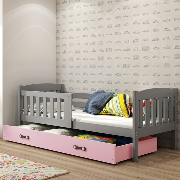 Jugendbett Jakob, 90x190, mit Schublade, grau/rosa