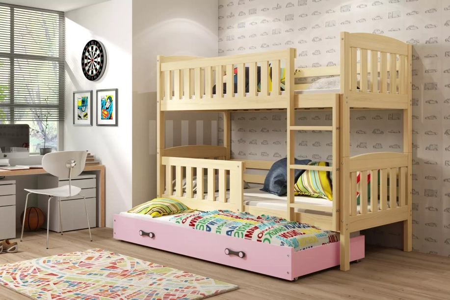 Etagenbett für drei Personen Jakob, 90x190, mit Matratze und Schublade, Kiefer/rosa