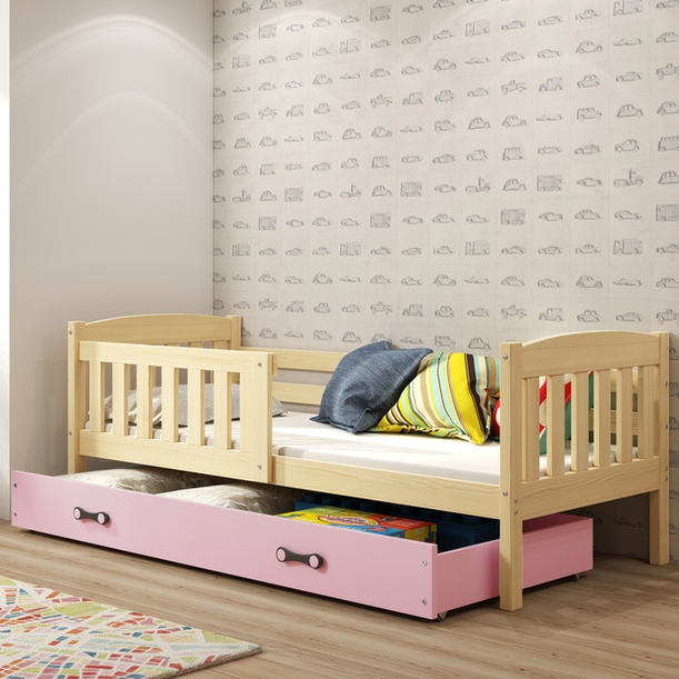 Jugendbett Jakob, 90x190, mit Matratze und Schublade, Kiefer/rosa