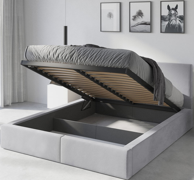 Polsterbett Schlafzimmerbett Doppelbett HILTON 140X200 mit Matratze und Stauraum, hellgrau