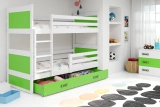 Stockbett für Jugendliche Richard, 90x200, mit Matratze und Schublade, weiß/grün