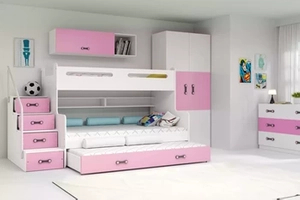 Etagenbett für drei Personen Max 3, 120x200, mit Schublade, rosa