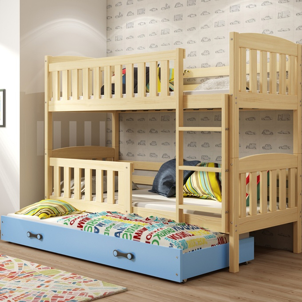 Etagenbett für drei Personen Jakob, 90x200, mit Schublade, Kiefer/blau