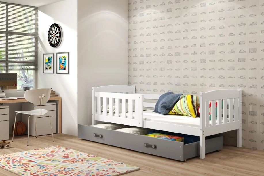 Kinderbett Jakob, 80x160, mit Schublade, weiß/grau