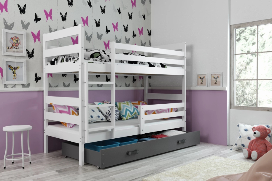 Stockbett für Jugendliche Erik, 90x200, mit Matratze und Schublade, weiß/grau