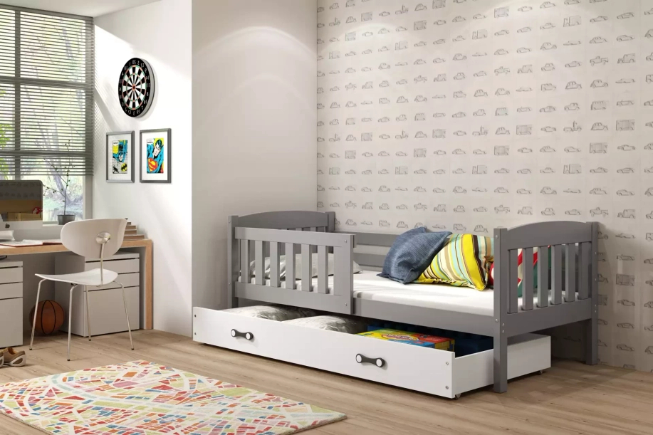 Jugendbett Jakob, 90x190, mit Matratze und Schublade, grau/weiß